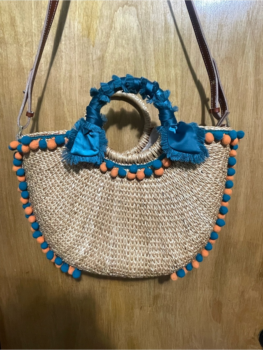 Sam Edelman Innesa Natural Brite/Multi Woven Straw Pom Pom Zip Top Handled Strap - Picture 3 of 9